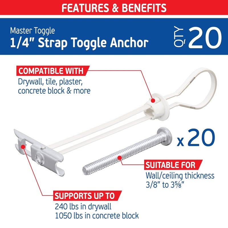 FixMaster 1/4" Heavy Duty Master Toggle-Bolt Strap Anchors (20 Pack) w/ 20 Steel Threaded Studs, 3/8" to 3-5/8" Grip Range, for 1/4"-20 UNC Fastener Size - 240lb in 3/8-1/2" & 300 lb in 5/8" Holding Strength - Image 2